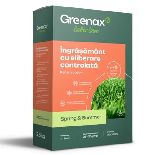 Îngrășământ pentru gazon Greenax Spring & Summer 20-5-8 + Fe, 2.5 kg, acoperire 75-100 mp2