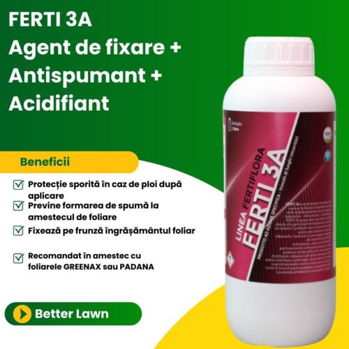 Îngrășământ foliar pentru gazon FERTI3A, 1 litru, adeziv, antispumant, acidifiant pentru foliare, acoperire 2000 mp2, ameliorare PH