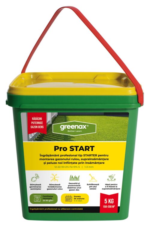 Îngrășământ profesional pentru gazon Greenax Pro START 12-22-10 + 2 % Fe + 9 % S 1-3 mm, eliberare controlată, montaj rulou de gazon și însămânțare