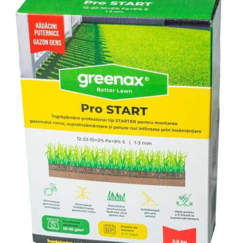 Îngrășământ profesional pentru gazon Greenax Pro START 12-22-10 + 2 % Fe + 9  % S 1-3 mm, 2.5 kilograme