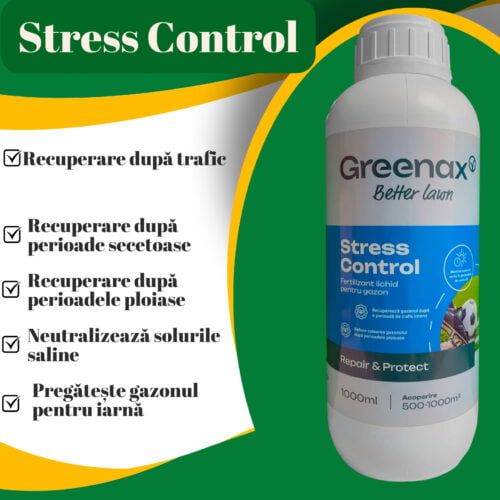 Îngrășământ foliar pentru gazon Greenax STRESS CONTROL, recuperare după trafic, secetă, ploi, pregătește gazonul pentru iarnă, 1 litru
