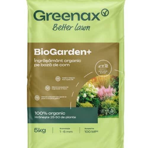 Îngrășământ organic pentru plante de grădină Greenax BioGarden+, pentru 25-50 de plante, conifere și perene, 14 % Azot & 2 % Sulf, 5 kilograme